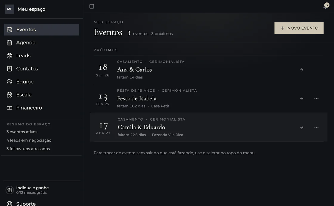 Lista de eventos do cerimonialista com casamentos e festa de 15 anos, datas e contagem regressiva