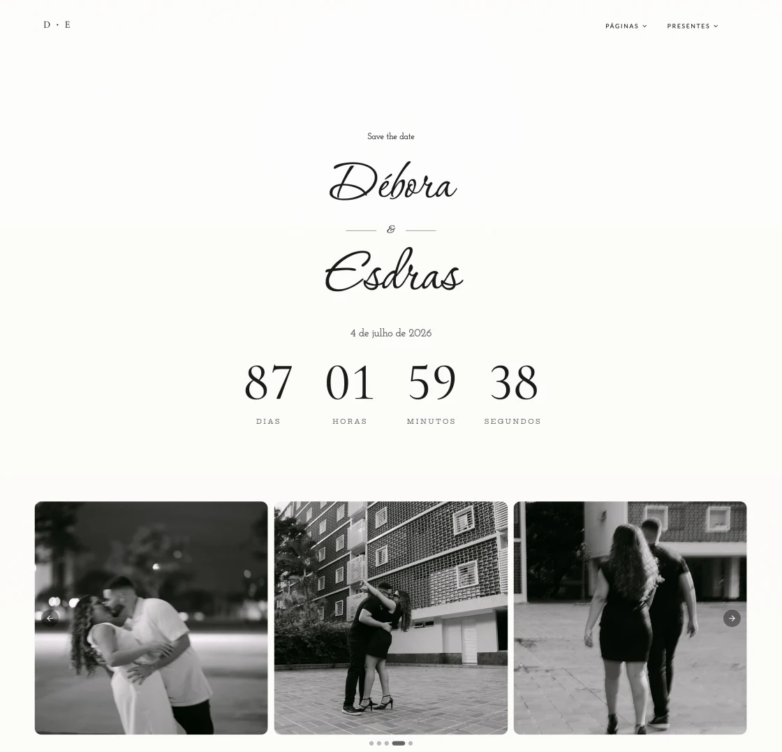 Site de casamento publicado, com save the date, contagem regressiva e galeria de fotos do casal